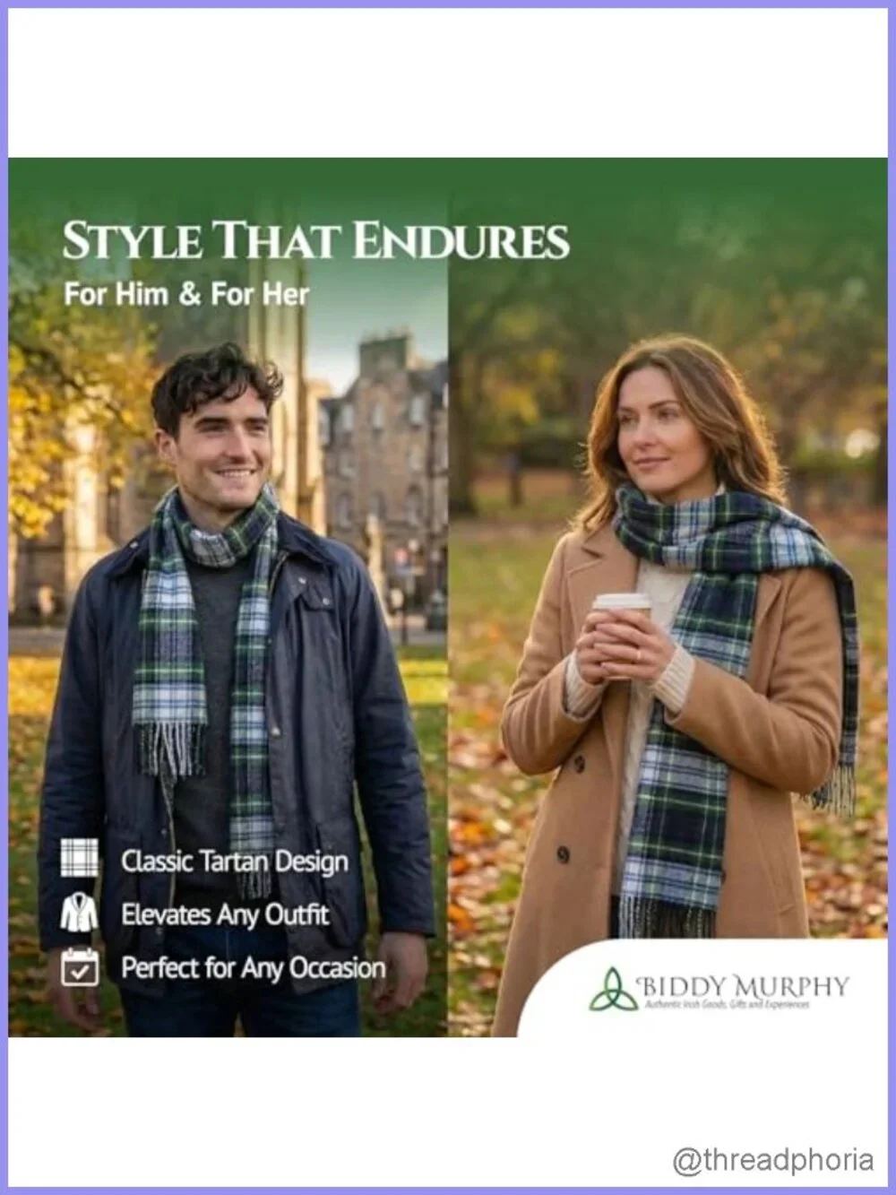 100% Pure Lambswool Plaid Tartan Scarf Wrap 12x60in Made in Ireland